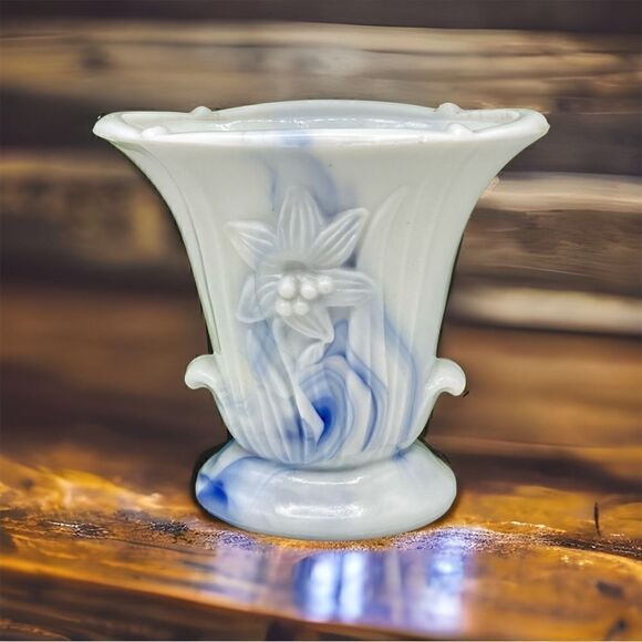 Vintage Akro Agate Iris Floral Marbled Swirl Slag Glass Vase - Picture 1 of 15